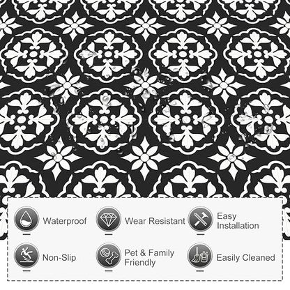 MORCART 20PCS 7.87" x 7.87" Peel and Stick Floor Tile, Black & White Retro | Self-Adhesive DIY Vinyl Flooring, Removable and Waterproof Tile Sticker for Bathroom, Kitchen, Wall, Bedroom, Stairs