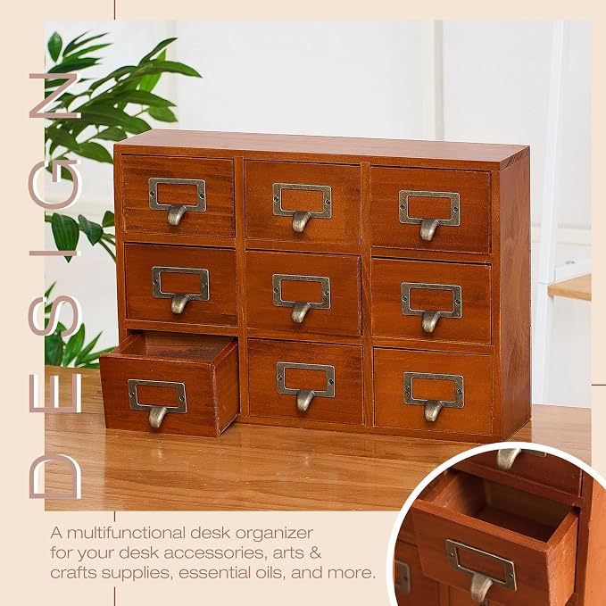 Qinyoung 9 Drawers Apothecary Cabinet Library Card Catalog Cabinet Tabletop Vintage Apothecary Chests Cabinets Rustic Herb Storage Box with Drawers Wooden Desk Drawer Organizer Medicine Furniture