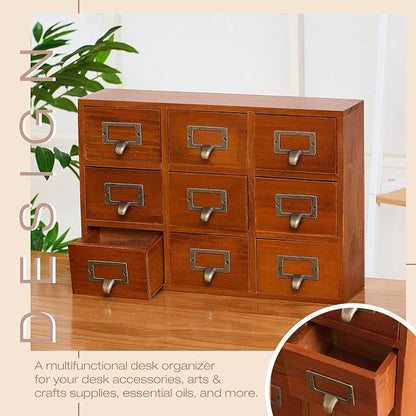 Qinyoung 9 Drawers Apothecary Cabinet Library Card Catalog Cabinet Tabletop Vintage Apothecary Chests Cabinets Rustic Herb Storage Box with Drawers Wooden Desk Drawer Organizer Medicine Furniture