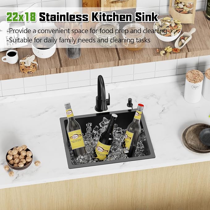 Black 22x18 In Undermount Kitchen And Bar Sink- Stainless Steel Single Bowl Kitchen Sink Modern Drop In Bar Sink With Silicon Mat,Drain Strainer Set Compatibility With Various Kitchen & Bar Style