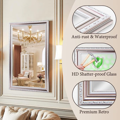 ROLOVE 24x34 Inch Brushed Rose Gold Frame Mirror for Wall, Ornate Baroque Wall Mirror, Large Vintage Decorative Mirror for Mantel & Bathroom, Waterproof Frame, Tempered Glass (Champagne Pink Hue)