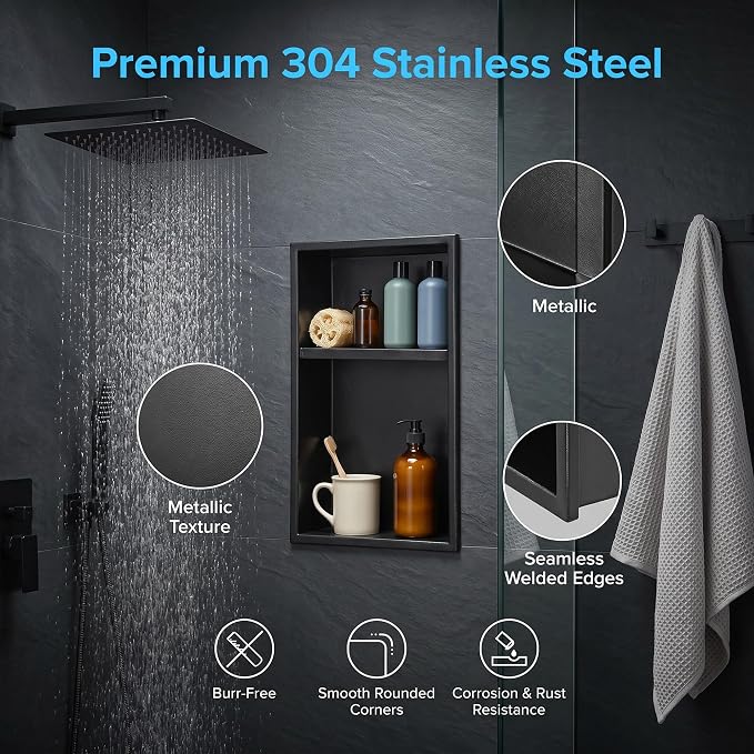 304 Stainless Steel Shower Niche 12” x 18” for Bathroom Storage | Matte Black Recessed Shower Niche No Tile Needed with 2-Tier Shelves for Bathroom Space Saving