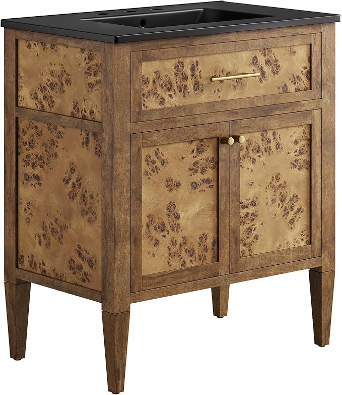 Modway Elysian 30" Burl Wood Bathroom Vanity in Black Brown with Ceramic Sink Basin