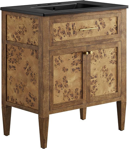 Modway Elysian 30" Burl Wood Bathroom Vanity in Black Brown with Ceramic Sink Basin