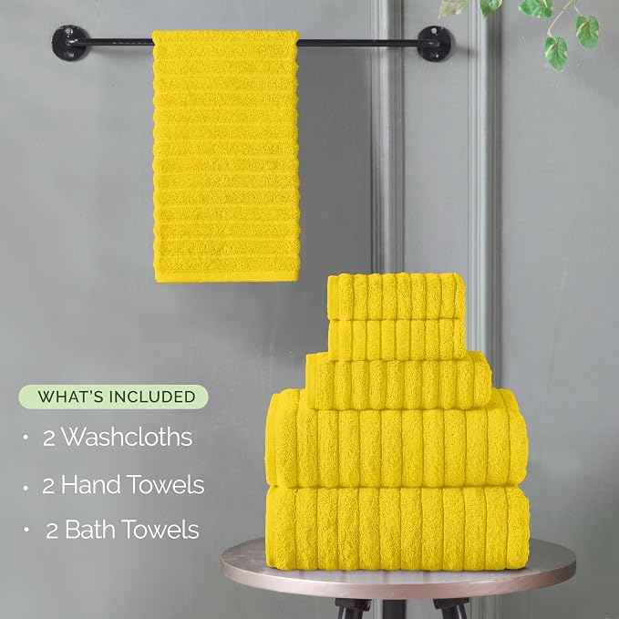 Elegant Comfort 100% Turkish Cotton Corduroy Ribbed Luxury Bath Towels 6-Piece Set, Premium Feel - Quick Dry, Highly Absorbent, Contains 2 Bath Towels, 2 Hand Towels, and 2 Washcloths, Yellow