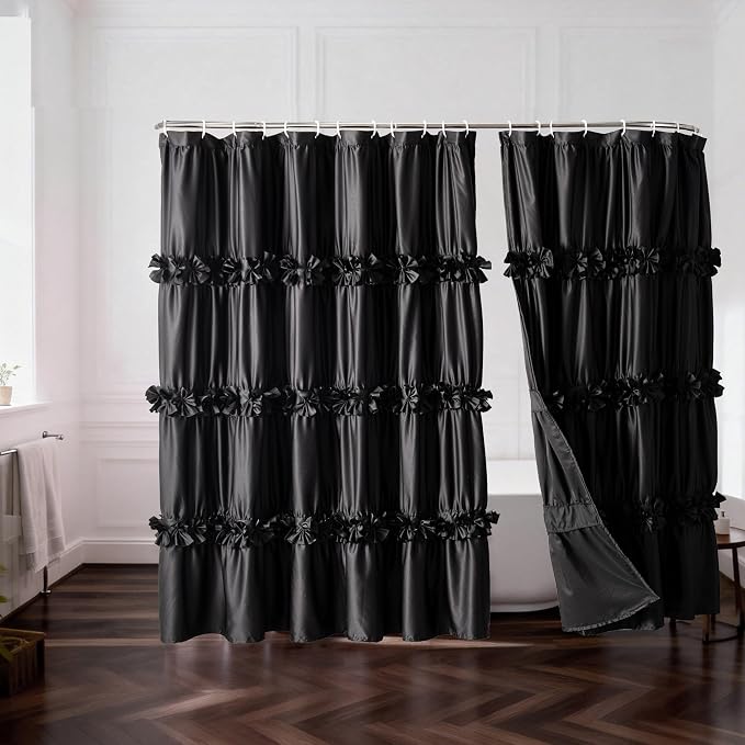 Homechoice Decor 2-Piece Black Satin Shower Curtain, 72x72 Inches (Pair) | Double Panels for Easy Access, Glossy Luxury Fabric, Modern Bathroom Décor, Machine Washable (LQ-44)