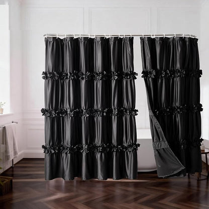 Homechoice Decor 2-Piece Black Satin Shower Curtain, 72x72 Inches (Pair) | Double Panels for Easy Access, Glossy Luxury Fabric, Modern Bathroom Décor, Machine Washable (LQ-44)