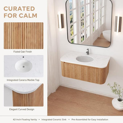 42 Inch Wall Mounted Bathroom Vanity with Ceramic Sink, Pre-Assembled Floating Vanity Cabinet with Cararra Artificial Countertop, Wave Texture Finish & Drawer, Wood