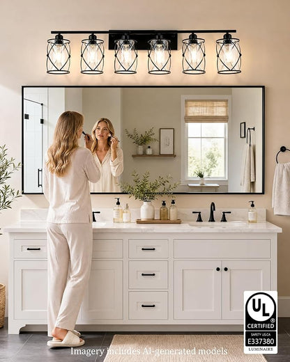 6-Light Matte Black Bathroom Light Fixtures Over Mirror, 42" UL-Listed Modern Wall Sconce Lights with Clear Glass and Metal Cage for Bath, Hardwire E26, CH9176BK-6W