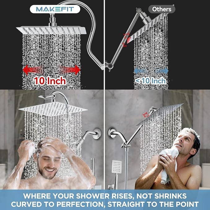 MakeFit All Metal Shower Head Combo with Handheld, 10" Square Rainfall Shower Head with Curved Extension Arm, Adjustable Dual Shower Heads with 71" Extra Long Hose, Chrome