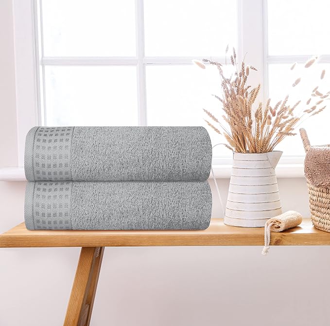 GLAMBURG 100% Cotton 2 Pack Oversized Bath Towel Set 28x55 Inches, Ultra Soft Highly Absorbant Compact Quickdry & Lightweight Large Bath Towels, Ideal for Gym Travel Camp Pool - Light Grey