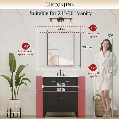 Keonjinn 24x30 Inch Gold Bathroom Mirror for Over Sink, Vanity Mirror | HD Tempered Glass, Rectangular, Brushed Framed, Square Corner, Modern Farmhouse, Wall Mounted Mirrors, Aluminum Alloy