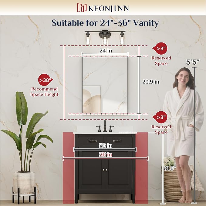 Keonjinn 24x30 Inch Matte Black Bathroom Mirror for Over Sink, Rectangular | HD Tempered Glass, Vanity Mirror, Brushed Framed, Square Corner, Modern Farmhouse, Wall Mounted Mirrors, Aluminum Alloy