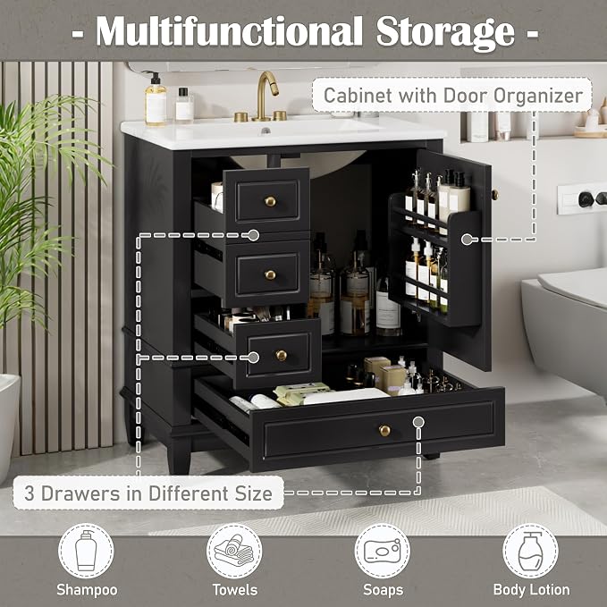 30" Vanity with Sink, Bathroom Vanities 30 Inch with Sink, Single Sink Bathroom Vanity with Shelf and Three Drawers, Soft Close Door, Restroom Vanity with Sink Top (Black)