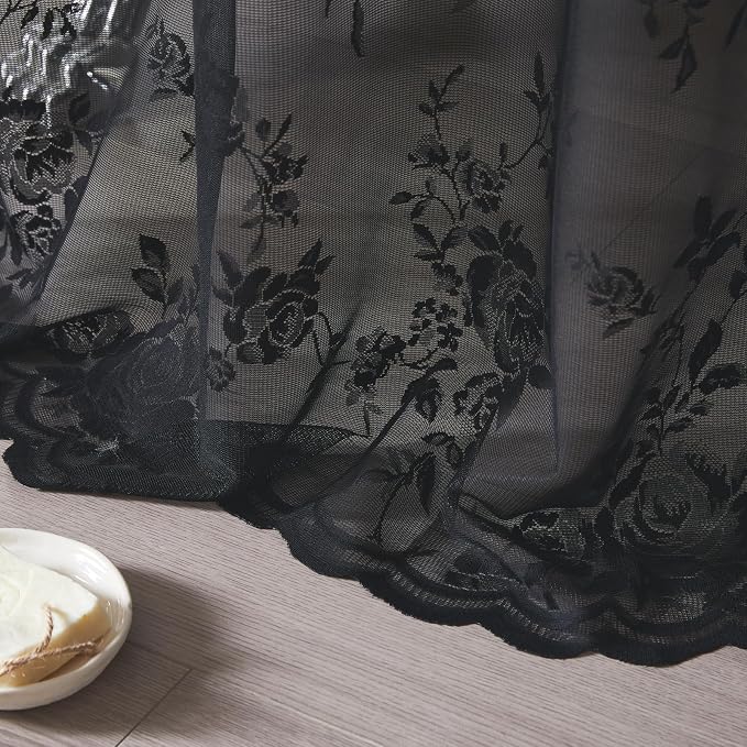 Black Lace Shower Curtain Luxury Vintage Floral Shower Curtain with Attached Valance Decorative Vintage Boho Bath Curtain for Master Bath Hotel Dark Gothic Halloween Victorian Decor, 1 Panel, 36 x 72