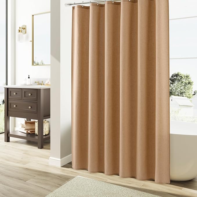 Camel Linen Shower Curtain, Country Boho Farmhouse Bath Decor Shower Curtains Neutral Cloth Weighted Textured Fabric Bath Curtain Liner with Hooks, 72x84