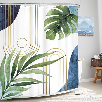Glawry Boho Blue Green Shower Curtain Mid Century Abstract Tropical Palm Leaf Modern Minimalist Plant Botanical Bathroom Geometric 60Wx72L Inches Bath Accessories Art Home Decor Fabric 12 Pack Hooks