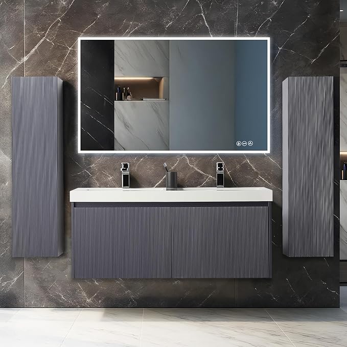 Blossom 48 Inch Double Sink Bathroom Vanity with Side Cabinets, All Wood Wall Mounted Floating Bathroom Vanity Cabinet with Acrylic Sink, Soft-Close Drawers, Bathroom Vanities, Night Blue