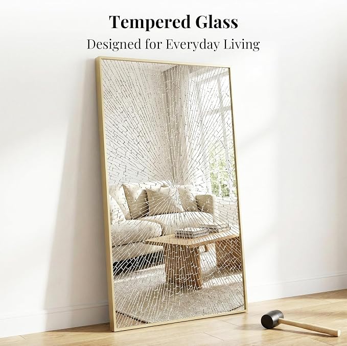 60"x30" Satin Gold Wide Bathroom Wall Mirror for Double Vanity | Wide Double Vanity Mirror, Slim Metal Frame, Long Console or Buffet Use, Vertical/Horizontal Mount, Tempered Glass