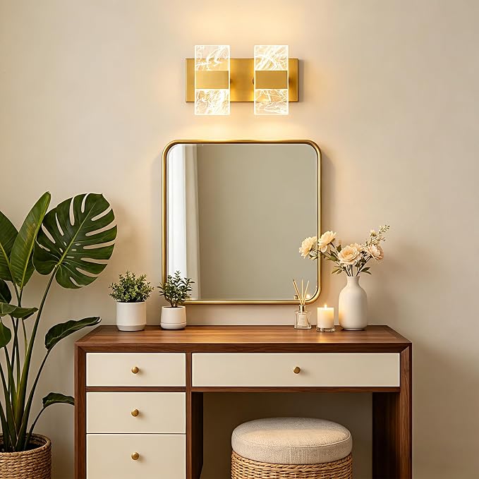 Modern LED Bathroom Light Fixtures Dimmable 2-Light Gold Vanity Light | 5CCT Adjustable Lighting, Smoked Acrylic LED Vanity Lights, Wall Sconces for Bathroom, Dimmable 6000K