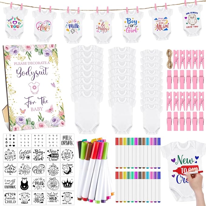 Panitay 126 Pcs Baby Shower DIY Bodysuit Set Bib 25 Blank White Newborn Bodysuit 25 Stencils 24 Marker 1 Sign 50 Pins(Butterfly)