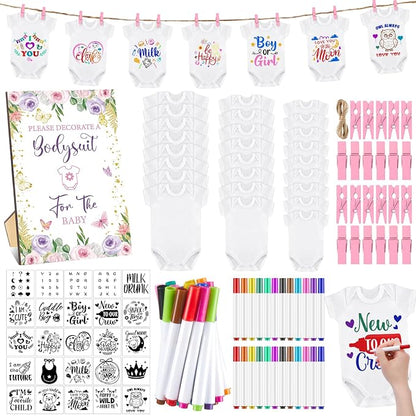 Panitay 126 Pcs Baby Shower DIY Bodysuit Set Bib 25 Blank White Newborn Bodysuit 25 Stencils 24 Marker 1 Sign 50 Pins(Butterfly)