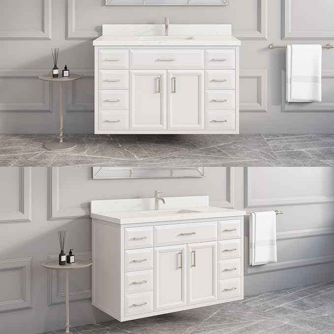 Capri III 48" Single Sink Bathroom Vanity With Stealth Organizer, Solid Wood Bathroom Cabinet with Engineered Stone Countertop & Backspalsh, Soft Closing Door & Drawer, Pre-Assembled, White