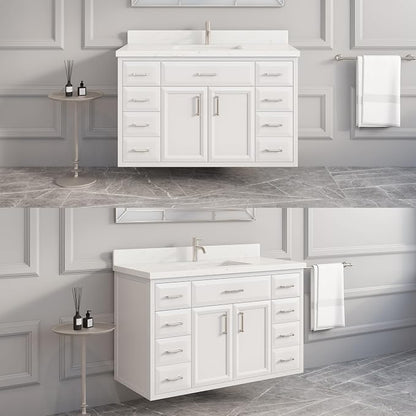 Capri III 48" Single Sink Bathroom Vanity With Stealth Organizer, Solid Wood Bathroom Cabinet with Engineered Stone Countertop & Backspalsh, Soft Closing Door & Drawer, Pre-Assembled, White
