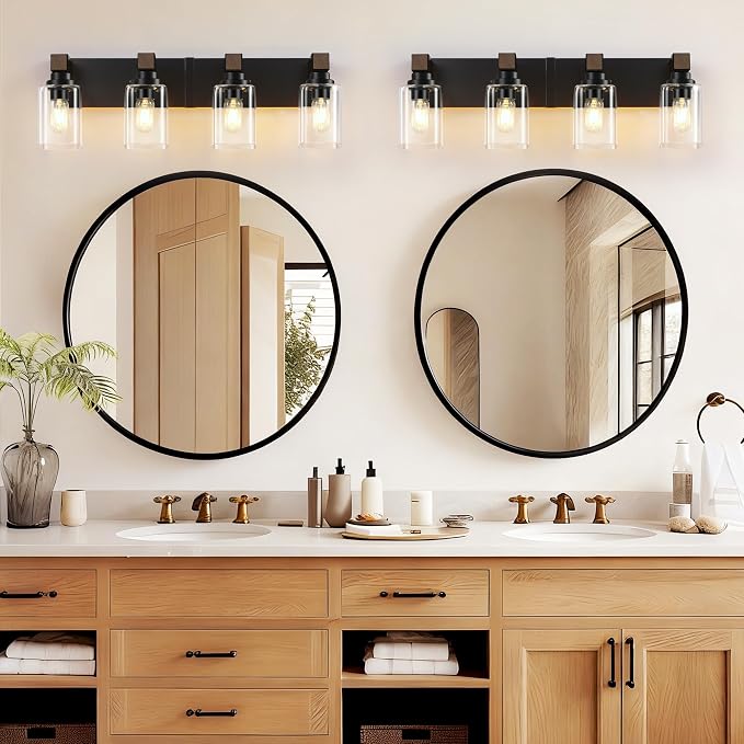 Farmhouse Black 4-Light Bathroom Vanity Light, Square Glass Shade | Vintage Rustic Design, Wood Grain Finish, Matte Black Metal, Wall Mount Over Mirror Lighting Fixtures for Bathroom Restroom