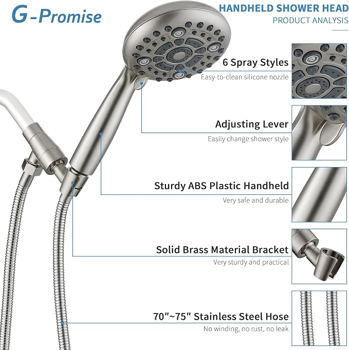 G-Promise High Pressure 6 Mode Hand Held Shower Head with Extra Long Hose | High Pressure, 6 Spray Mode, Easy Install, Adjustable Angle, Extra Long Hose, Modern Upgrade