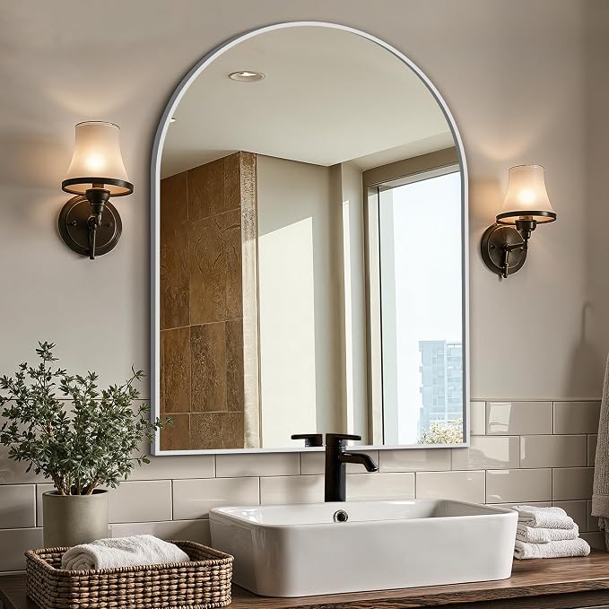 Arched Bathroom Vanity Mirror for Over Sink, 40”x30”, Silver | HD Tempered Glass, Anti-Rust Metal Frame, Hanging or Leaning, Wall Mirrors for Bathroom Sink, Bedroom, Living Room, Entryway