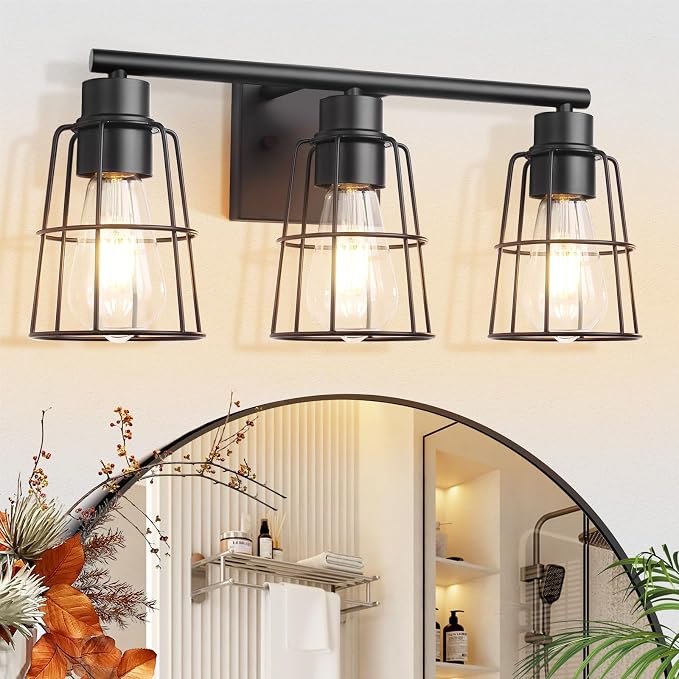 3-Light Black Bathroom Vanity Light Fixture Over Mirror, Industrial Caged | Farmhouse Rustic Wall Sconce Light Fixture with Metal Wire Lampshade for Bathroom, 17.9 Inch,E26(Bulbs not Included)