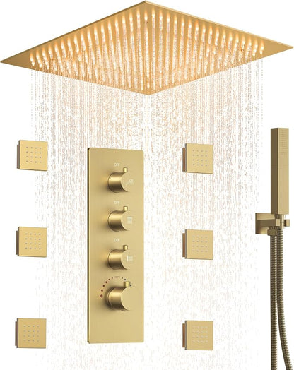 64 Color LED Mood Lighting Rainfall Shower System, 20" Ceiling Mount Bathroom Shower Faucet Set (Brushed Gold)