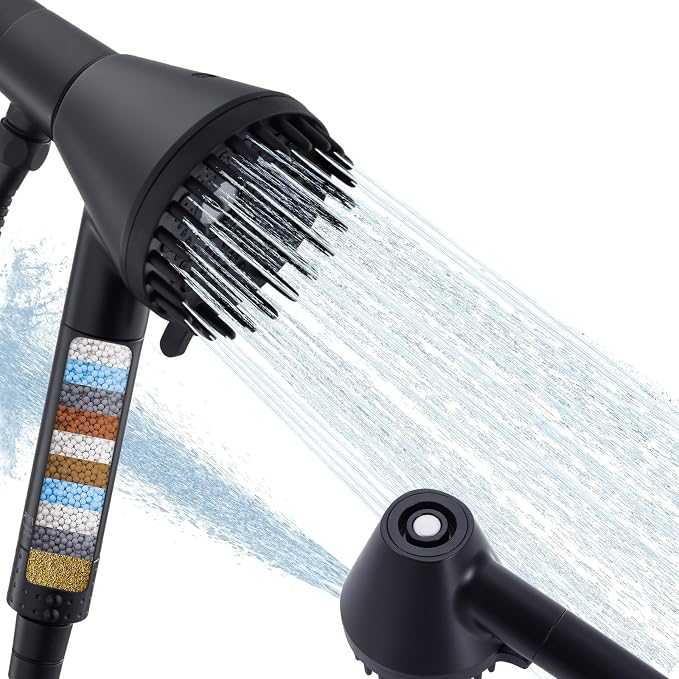2026 Magnetic Filtered Shower Head with Handheld– High Pressure Showerhead with Power Wash Mode, Chlorine Removal, Massage Brush, Pressure Adjustable, One-Touch Pause (Matte Black)