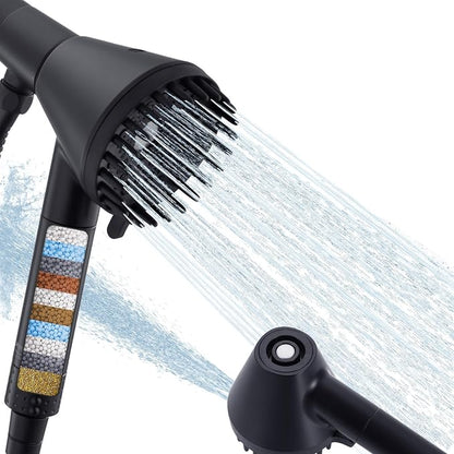 2026 Magnetic Filtered Shower Head with Handheld– High Pressure Showerhead with Power Wash Mode, Chlorine Removal, Massage Brush, Pressure Adjustable, One-Touch Pause (Matte Black)