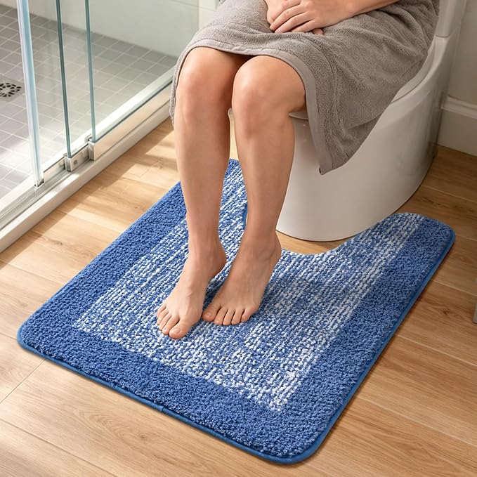 Toilet Rugs U-Shaped 24x19, Non-Slip Plush Shaggy Quick Dry Bathroom Contour Rugs, Extra Soft Absorbent Chenille Washable Bath Mat for Toilet Base, Blue
