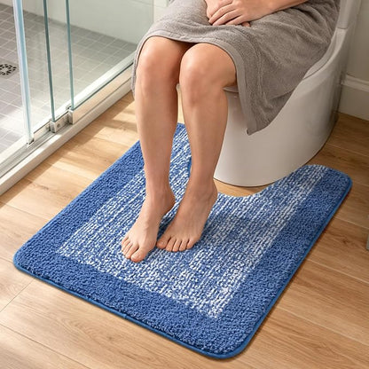 Toilet Rugs U-Shaped 24x19, Non-Slip Plush Shaggy Quick Dry Bathroom Contour Rugs, Extra Soft Absorbent Chenille Washable Bath Mat for Toilet Base, Blue