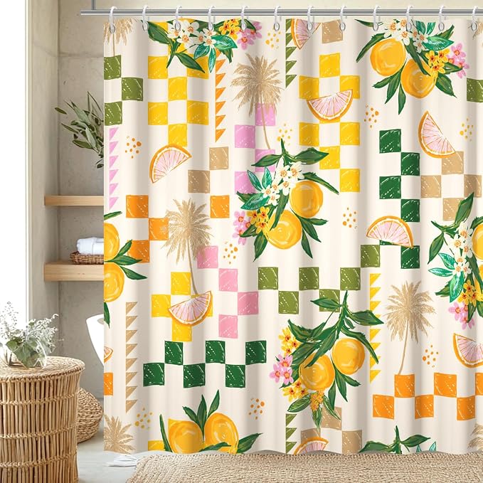 Yellow Lemon Shower Curtain with Hooks for Bathroom 72x72 Inch | Waterproof Summer Green and Pink Citru Fruits Shower Curtain Set, Soft Bathroom Decor, Machine Washable