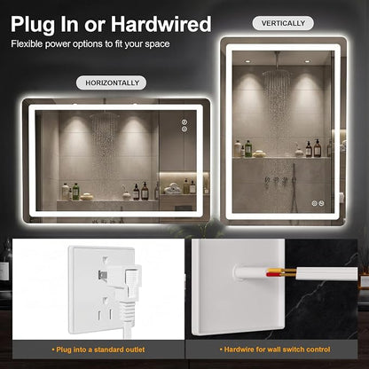 LED Bathroom Mirror with Lights, 20 x 30 Lighted Vanity Wall Mirror | Backlit and Frontlit, Anti-Fog, Dimmable 3 Colors, Shatter-Proof Tempered Glass, Memory Function, Plug-in/Hardwired