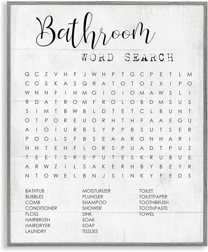 Art Piece 'Bathroom Word Search Family Fun', Framed Giclee Art, Gray, 24 x 30 - Sturdy Block Frame Ready to Hang -Proudly Made In USA (Johnston, RI) - Design By: Lil' Rue