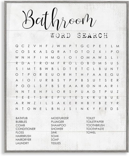 Art Piece 'Bathroom Word Search Family Fun', Framed Giclee Art, Gray, 24 x 30 - Sturdy Block Frame Ready to Hang -Proudly Made In USA (Johnston, RI) - Design By: Lil' Rue