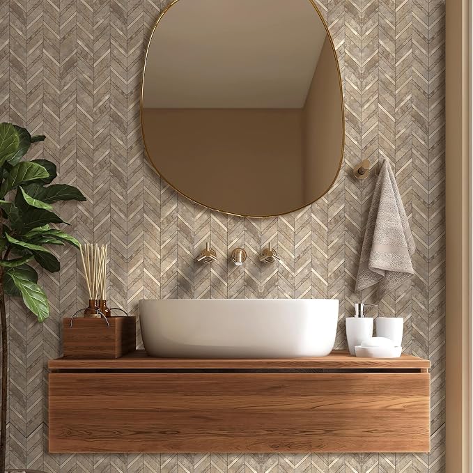 Yipscazo 10-Sheet Herringbone Backsplash Peel and Stick Tile, Beige Stone Mixed Metal Gold PVC Stick on Backsplash for Kitchen, Waterproof Self Adhesive Wall Tile for Bathroom