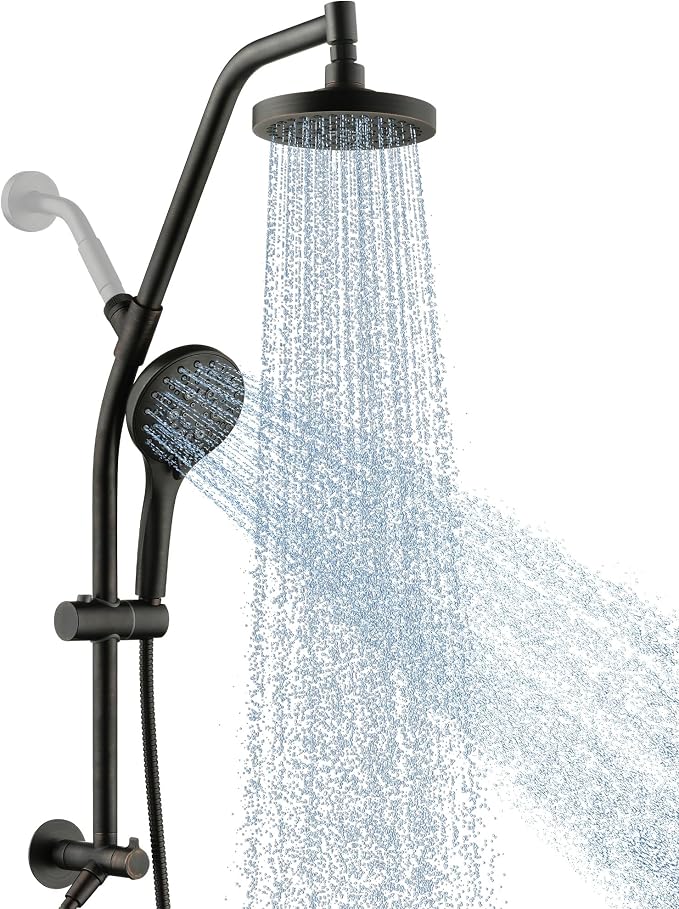 BRIGHT SHOWERS Rain Shower Head with Handheld Combo, Dual Shower System with Slide Bar, Adjustable Height, Brass Slide Bar & Diverter, 60 Inch Stainless Steel Hose, Oil Rubbed Bronze