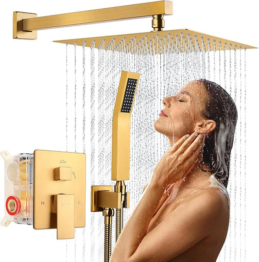 Rainfall Shower System - Wall Mounted Complete Combo with Solid Brass Pressure Balancing Valve, High Pressure Shower Head, Handle Set & Installation Accessories Brushed Gold 10"+Handheld Spray