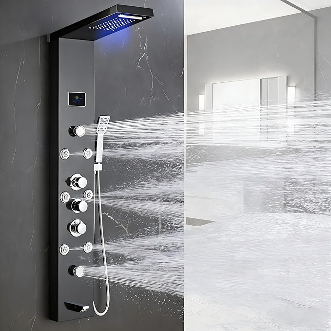 LED 5-in-1 Shower Panel Tower System,Brushed Black | 304 Stainless Steel Shower Panel Tower Column with Powerful Body Jets, Rainfall, Waterfall,Handheld and Tub Spout