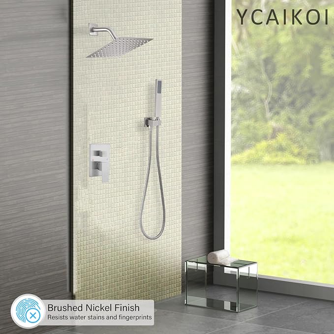 Brushed Nickel Shower System, 8 Inch High Pressure Rain Shower with Handheld, Wall Mount Shower Faucet Set for Bathroom, Rough-in Valve Body and Trim Included