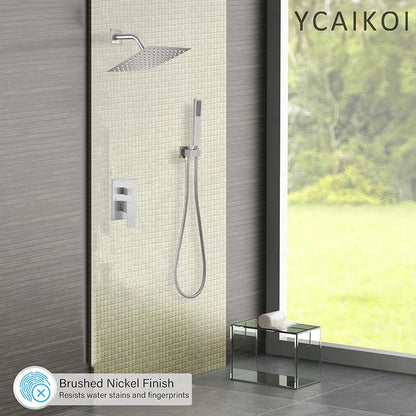 Brushed Nickel Shower System, 8 Inch High Pressure Rain Shower with Handheld, Wall Mount Shower Faucet Set for Bathroom, Rough-in Valve Body and Trim Included