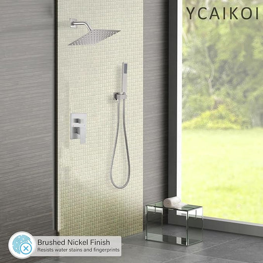 Brushed Nickel Shower System, 8 Inch High Pressure Rain Shower with Handheld, Wall Mount Shower Faucet Set for Bathroom, Rough-in Valve Body and Trim Included