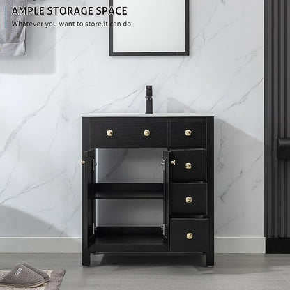 LUCKWIND 30" Bathroom Vanity with Sink, Modern Bathroom Storage Cabinet with Undercounter Sink and Wood Grain Veneer Surface, Include Faucet, No Mirror, Black