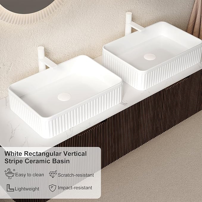 60" Floating Bathroom Vanity with Sink, Wall-Mount Cabinet with 2 Large Storage Drawer, 2 White Rectangular Ceramic Basins and Marble Top, Soft-Close Design, Dark Walnut